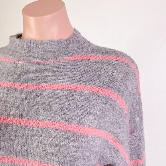 WAYF Striped Mock Neck Tie Waist Pullover Sweater Gray Pink Wool Blend Small - Picture 3 of 12